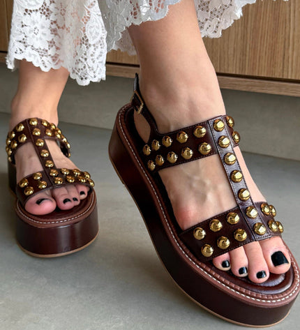 Ariella Sandal – Brown Leather Flatform with Gold Studs