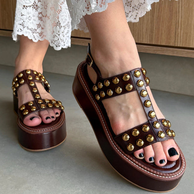 Ariella Sandal – Brown Leather Flatform with Gold Studs