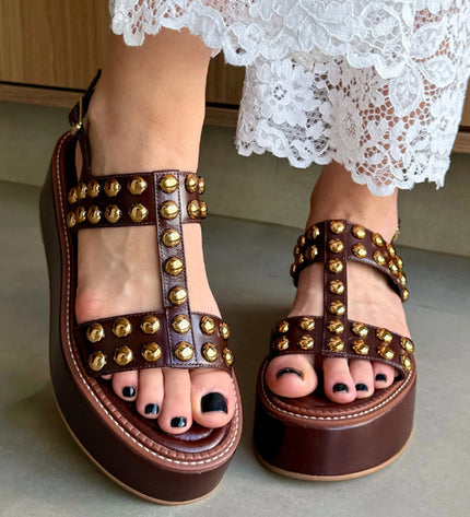 Ariella Sandal – Brown Leather Flatform with Gold Studs