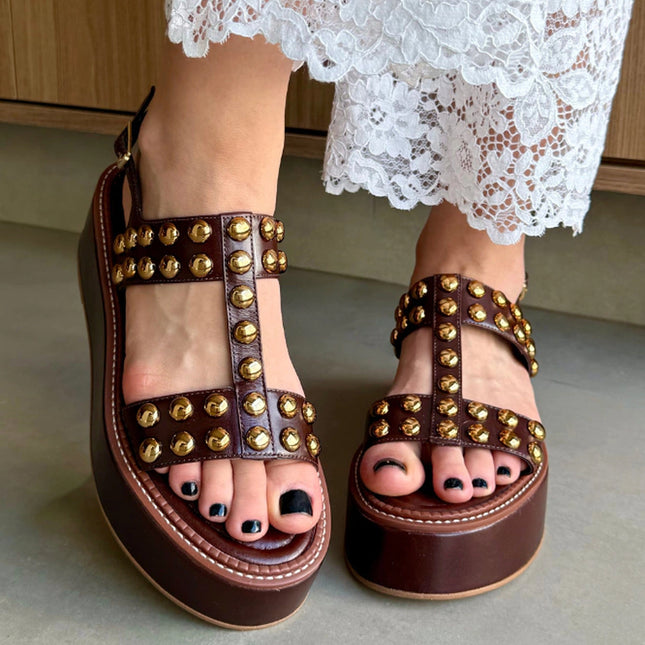 Ariella Sandal – Brown Leather Flatform with Gold Studs