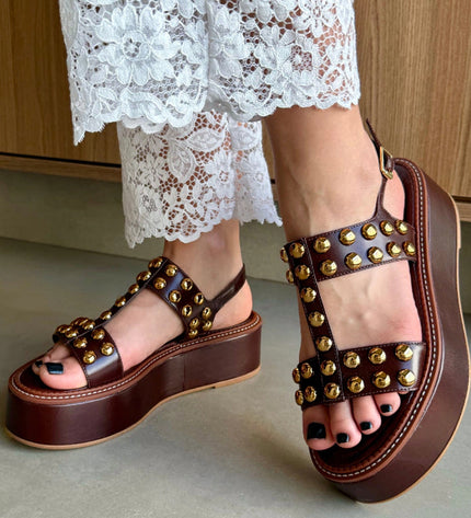 Ariella Sandal – Brown Leather Flatform with Gold Studs