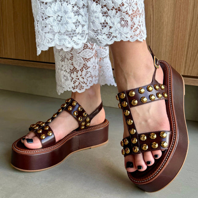 Ariella Sandal – Brown Leather Flatform with Gold Studs