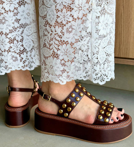 Ariella Sandal – Brown Leather Flatform with Gold Studs