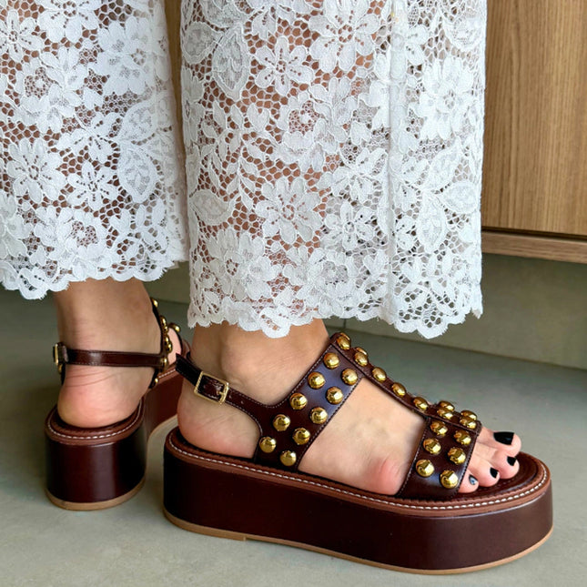 Ariella Sandal – Brown Leather Flatform with Gold Studs