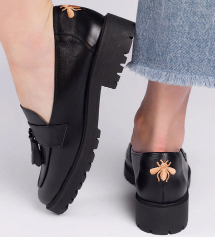 Betina Moccasin – Black Leather with Embroidered Bee & Tractor Sole