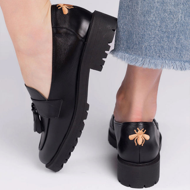 Betina Moccasin – Black Leather with Embroidered Bee & Tractor Sole