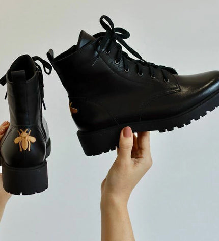 Betina Combat Boots – Black Leather with Embroidered Bee & Tractor Sole