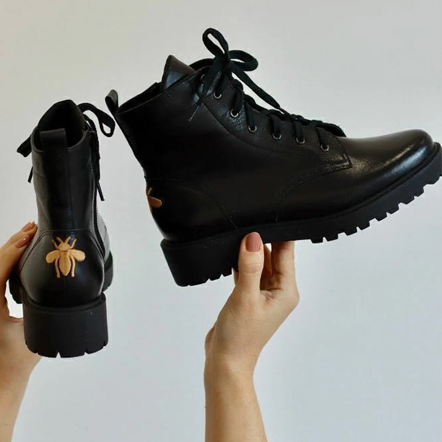 Betina Combat Boots – Black Leather with Embroidered Bee & Tractor Sole