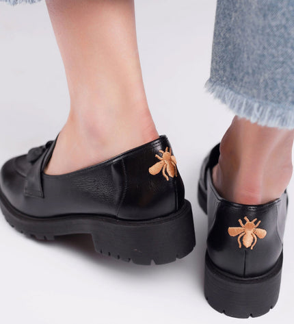 Betina Moccasin – Black Leather with Embroidered Bee & Tractor Sole