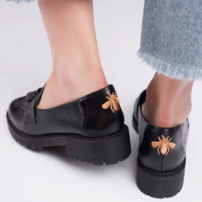 Betina Moccasin – Black Leather with Embroidered Bee & Tractor Sole