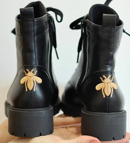 Betina Combat Boots – Black Leather with Embroidered Bee & Tractor Sole