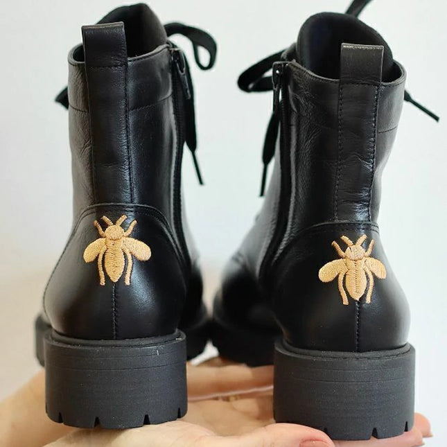 Betina Combat Boots – Black Leather with Embroidered Bee & Tractor Sole