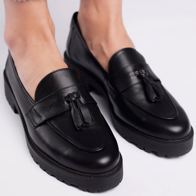 Betina Moccasin – Black Leather with Embroidered Bee & Tractor Sole