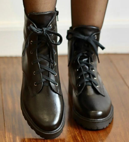 Betina Combat Boots – Black Leather with Embroidered Bee & Tractor Sole