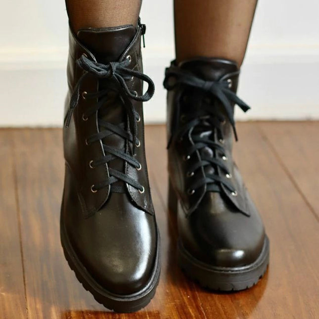 Betina Combat Boots – Black Leather with Embroidered Bee & Tractor Sole