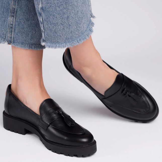 Betina Moccasin – Black Leather with Embroidered Bee & Tractor Sole