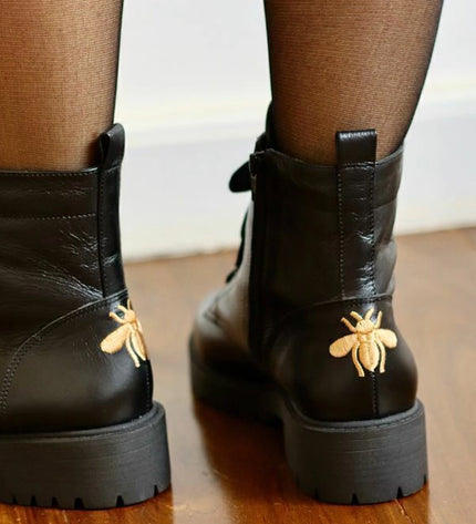 Betina Combat Boots – Black Leather with Embroidered Bee & Tractor Sole