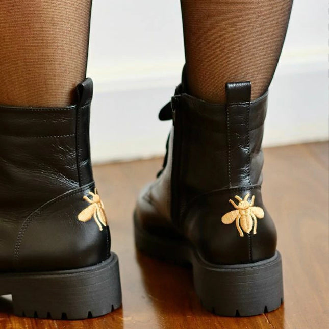Betina Combat Boots – Black Leather with Embroidered Bee & Tractor Sole