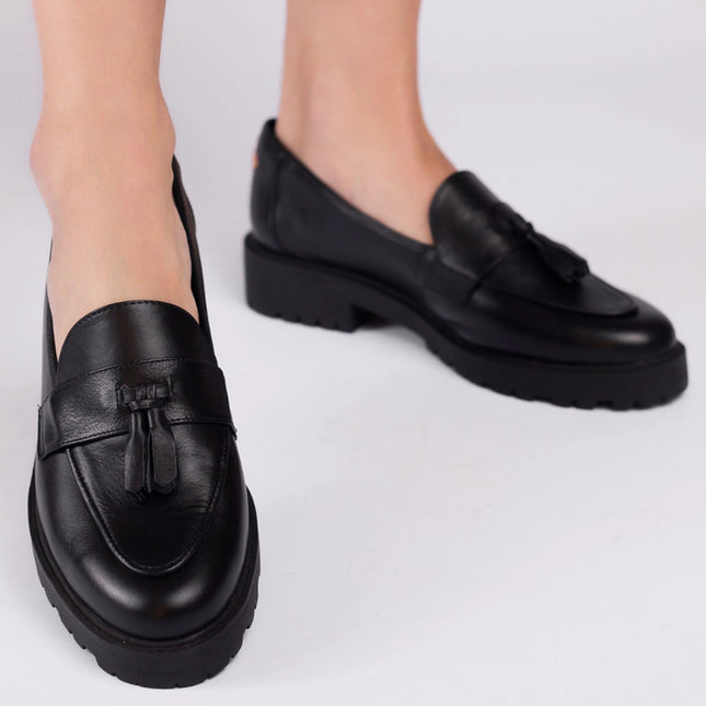 Betina Moccasin – Black Leather with Embroidered Bee & Tractor Sole