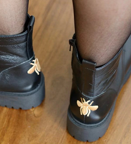 Betina Combat Boots – Black Leather with Embroidered Bee & Tractor Sole