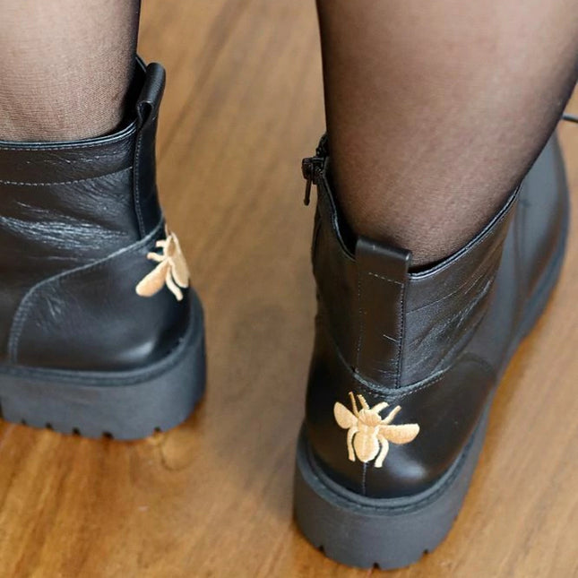 Betina Combat Boots – Black Leather with Embroidered Bee & Tractor Sole