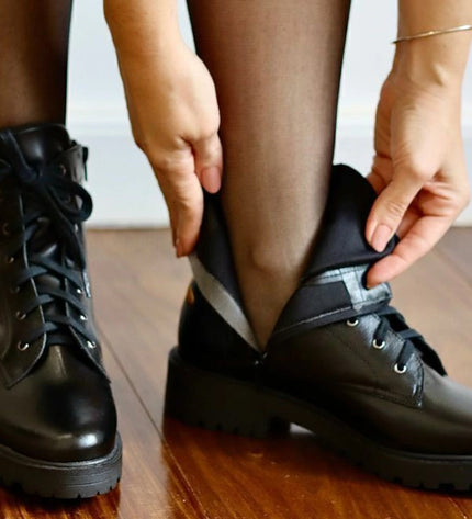 Betina Combat Boots – Black Leather with Embroidered Bee & Tractor Sole