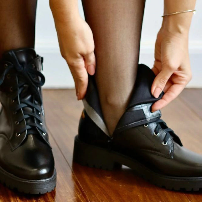 Betina Combat Boots – Black Leather with Embroidered Bee & Tractor Sole