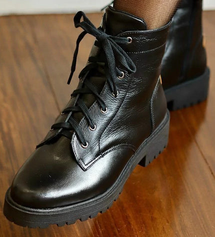 Betina Combat Boots – Black Leather with Embroidered Bee & Tractor Sole