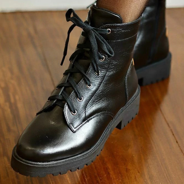 Betina Combat Boots – Black Leather with Embroidered Bee & Tractor Sole