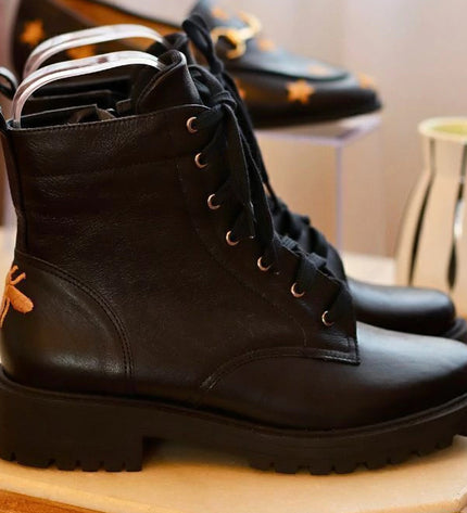 Betina Combat Boots – Black Leather with Embroidered Bee & Tractor Sole