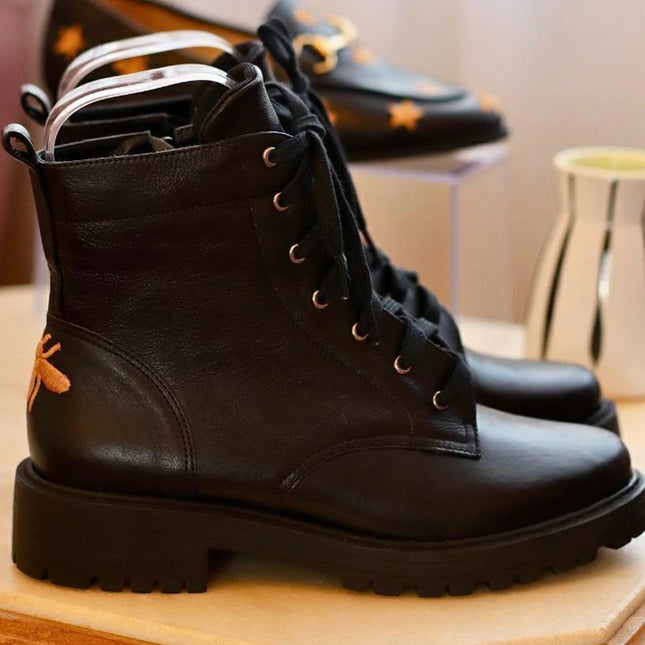 Betina Combat Boots – Black Leather with Embroidered Bee & Tractor Sole