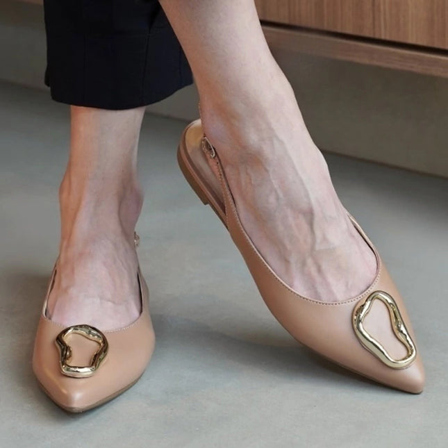 Carmem Slingback Flat – Pinkish Beige Leather with Gold Accent