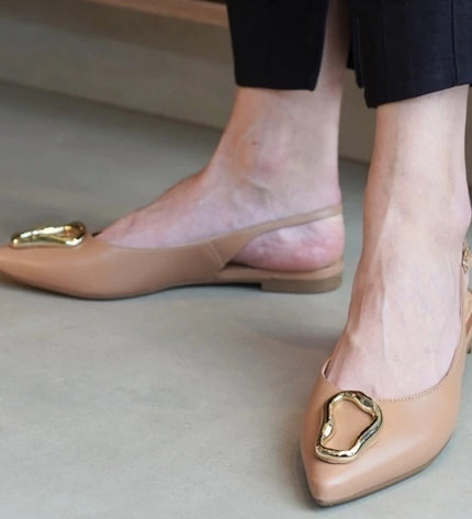Carmem Slingback Flat – Pinkish Beige Leather with Gold Accent