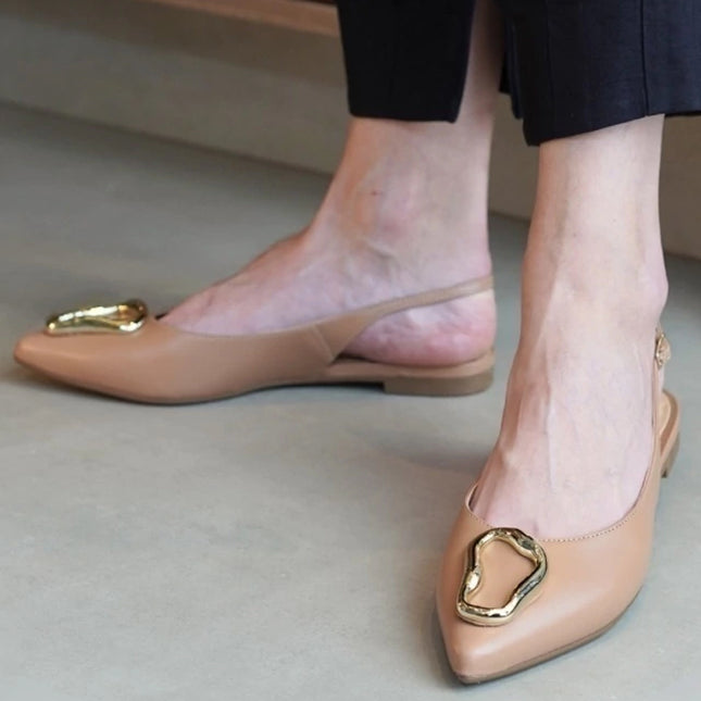 Carmem Slingback Flat – Pinkish Beige Leather with Gold Accent