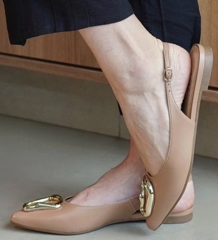 Carmem Slingback Flat – Pinkish Beige Leather with Gold Accent