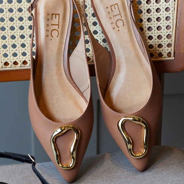 Carmem Slingback Flat – Pinkish Beige Leather with Gold Accent