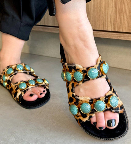 Georgia Sandal – Leopard Print Leather with Turquoise Stone Details