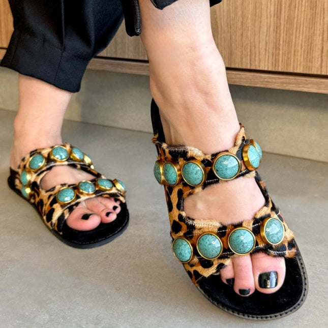 Georgia Sandal – Leopard Print Leather with Turquoise Stone Details
