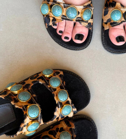 Georgia Sandal – Leopard Print Leather with Turquoise Stone Details