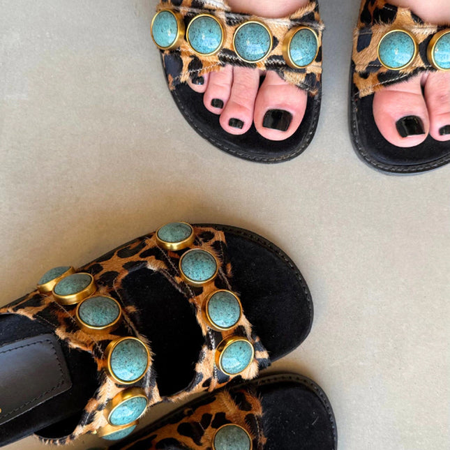 Georgia Sandal – Leopard Print Leather with Turquoise Stone Details