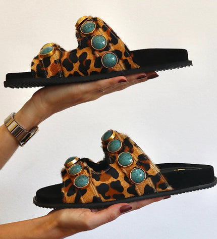 Georgia Sandal – Leopard Print Leather with Turquoise Stone Details