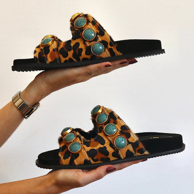 Georgia Sandal – Leopard Print Leather with Turquoise Stone Details
