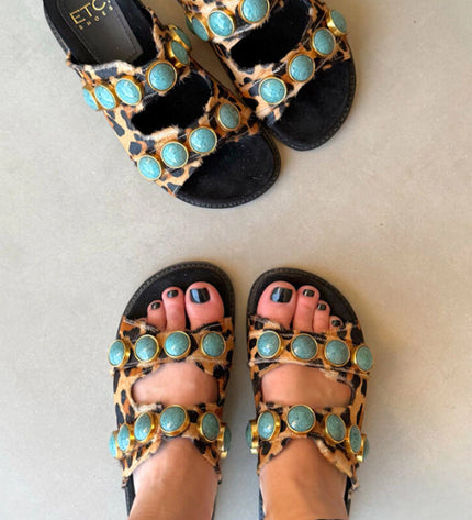 Georgia Sandal – Leopard Print Leather with Turquoise Stone Details