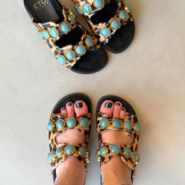 Georgia Sandal – Leopard Print Leather with Turquoise Stone Details
