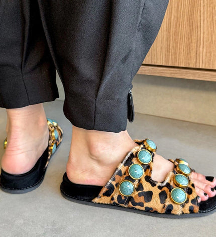 Georgia Sandal – Leopard Print Leather with Turquoise Stone Details