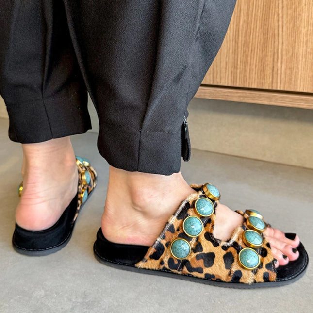 Georgia Sandal – Leopard Print Leather with Turquoise Stone Details