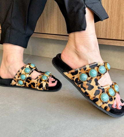Georgia Sandal – Leopard Print Leather with Turquoise Stone Details