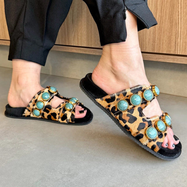 Georgia Sandal – Leopard Print Leather with Turquoise Stone Details