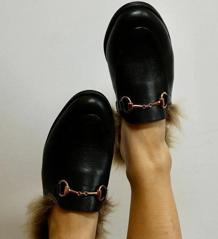 Mada Mule – Black Leather with Faux Fur Trim