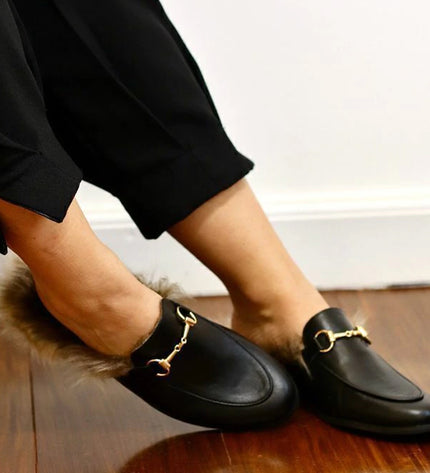 Mada Mule – Black Leather with Faux Fur Trim